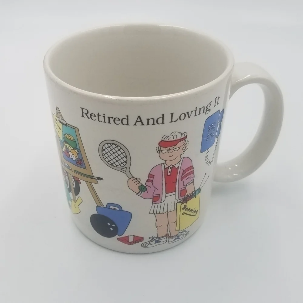 Vintage Russ Retired Retirement Mug Coffee Cup Tennis Knit Travel Bowl Bike